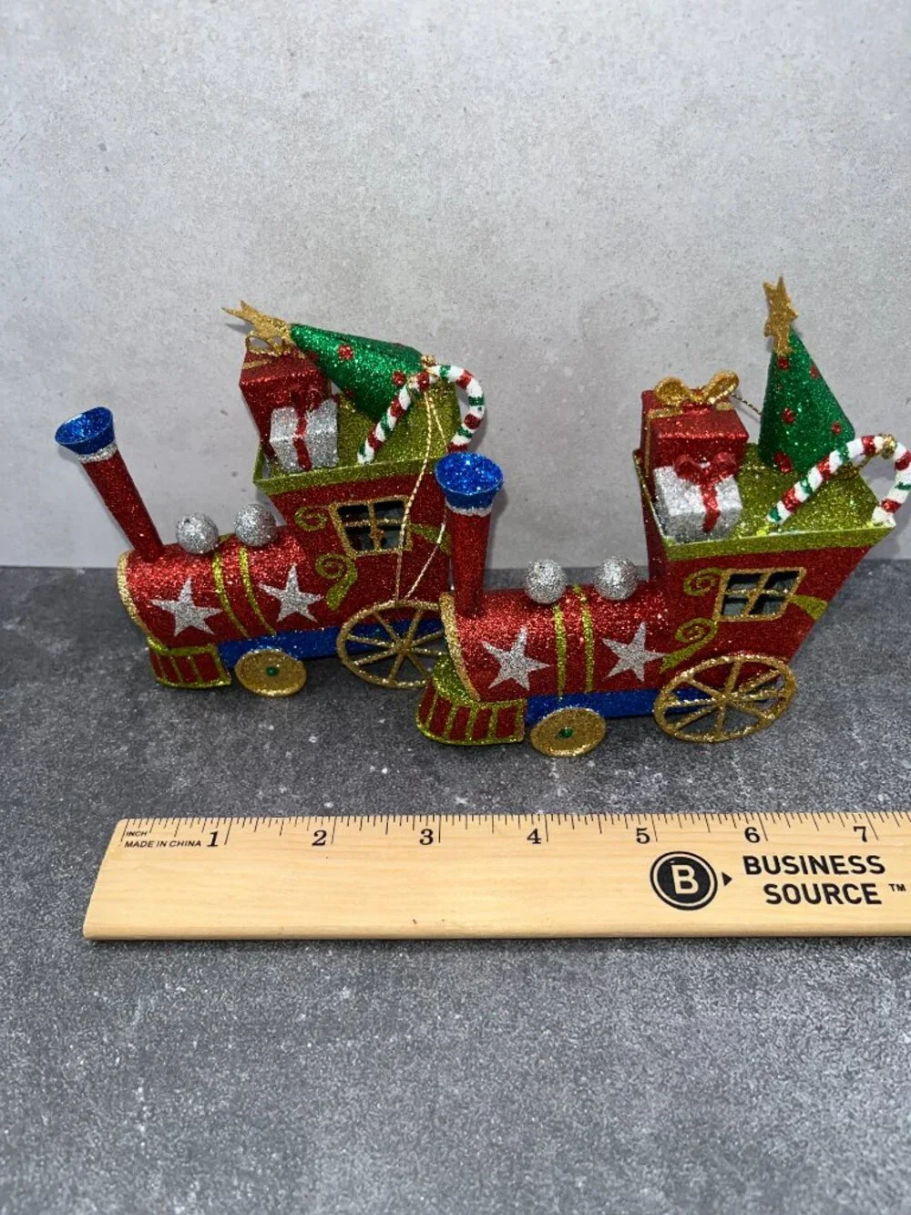 Vintage Pier One Pier 1 Metal Glitter Christmas Train Ornaments Red Green Blue